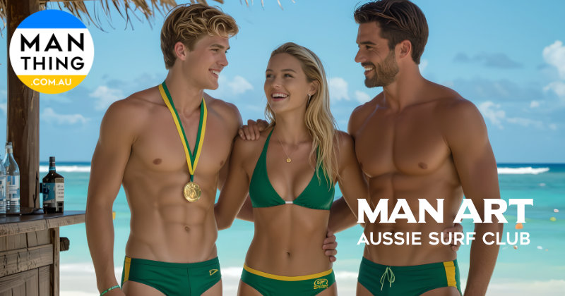 Two male and a female lifeguards in green and gold swimmers stand on the veranda of the clubhouse overlooking the beach