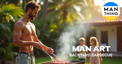 Handsome muscular dad and his son cook sausages on the grill