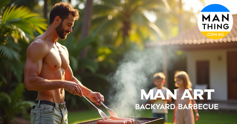 Man and his son cook sausages on the grill while younger siblings play with the dog
