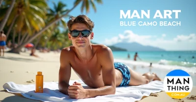 Attractive teen youth sunbathes on the beach in blue camo swim trunks