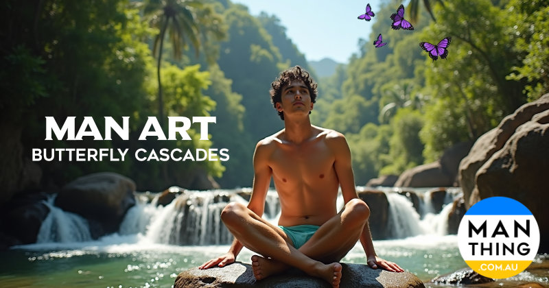 Handsome youth looks about the stream in wonderment as yellow butterflies fill the air