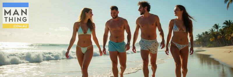 Two happy attractive couples walk along the beach